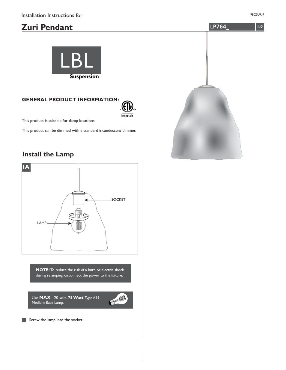 LBL Lighting Zuri P User Manual | 2 pages