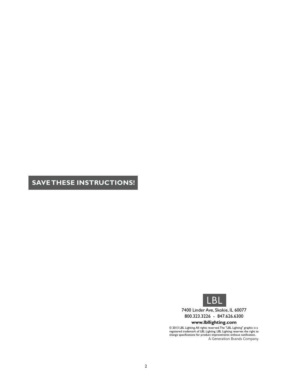 Save these instructions | LBL Lighting Zuri P User Manual | Page 2 / 2
