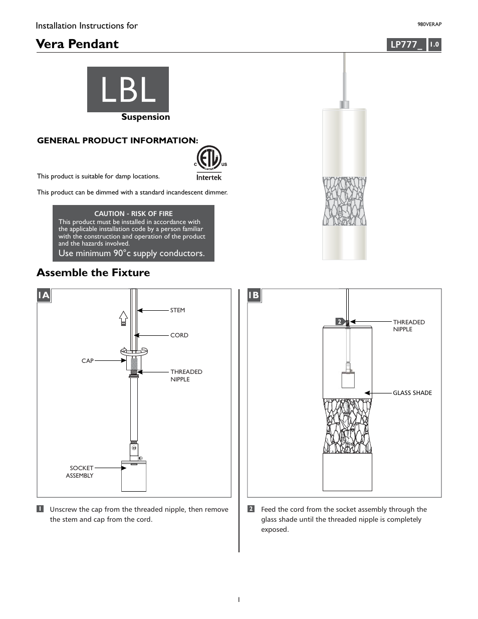 LBL Lighting Vera P User Manual | 2 pages