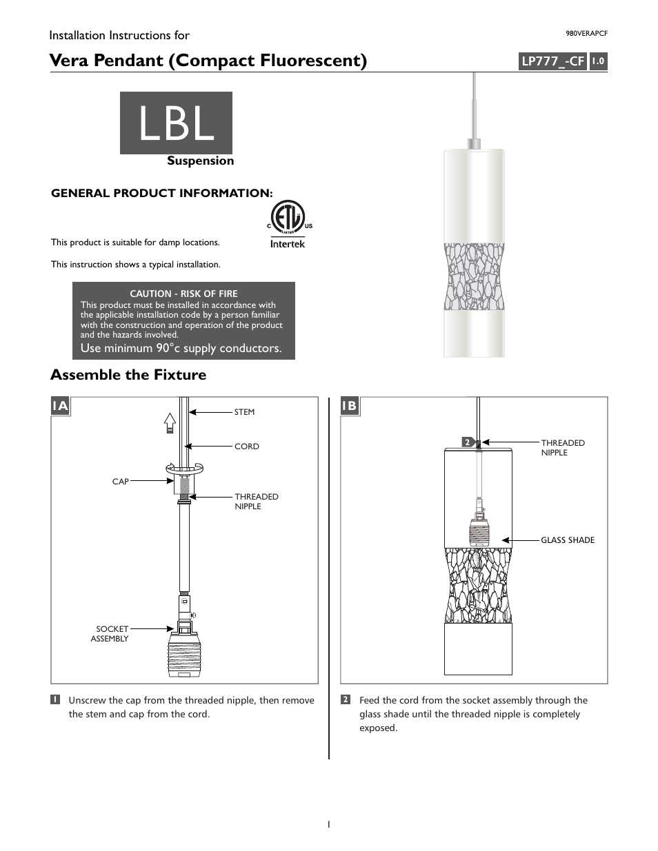 LBL Lighting Tindra PCF User Manual | 2 pages