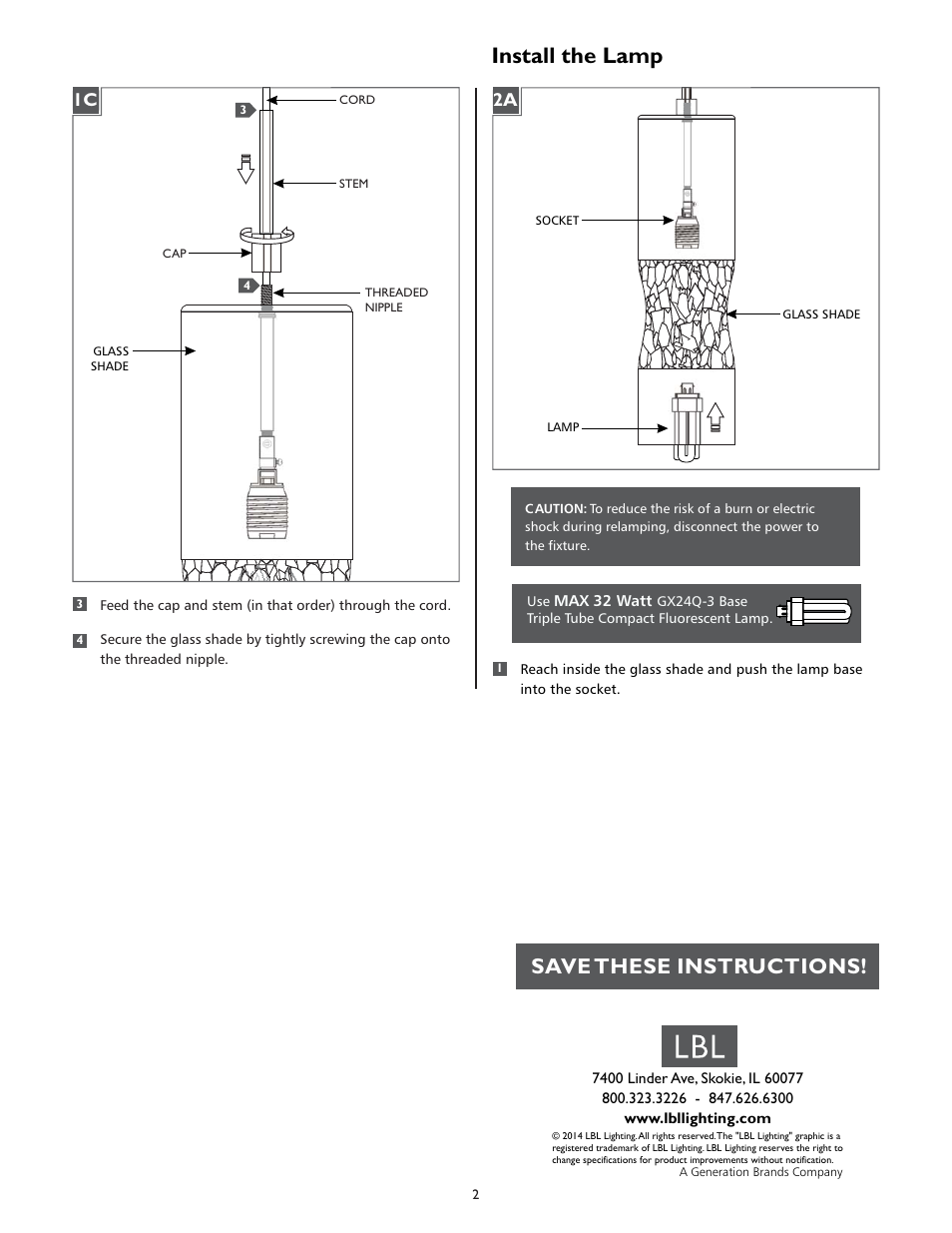 Install the lamp, Save these instructions | LBL Lighting Tindra PCF User Manual | Page 2 / 2