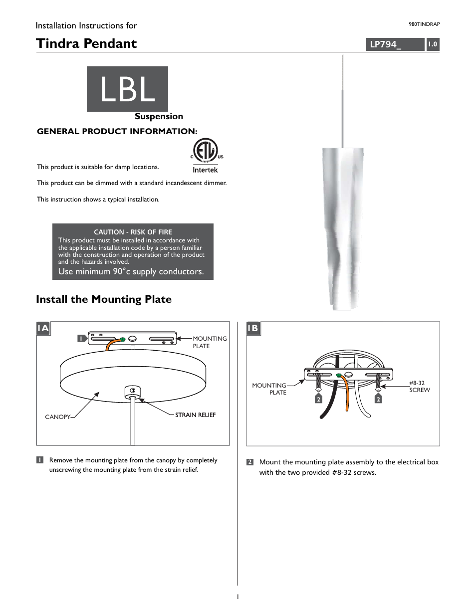 LBL Lighting Tindra P User Manual | 4 pages