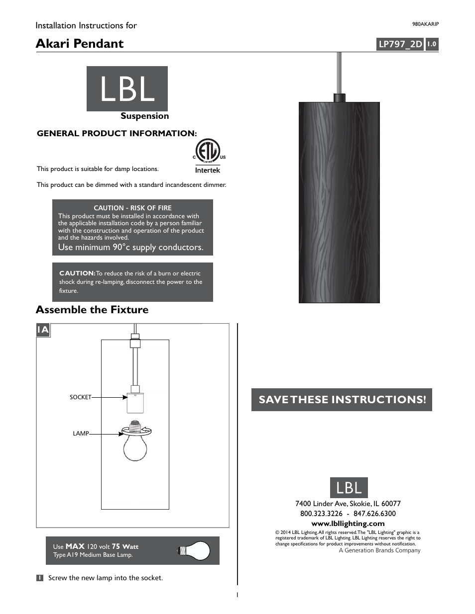 LBL Lighting Akari P User Manual | 1 page