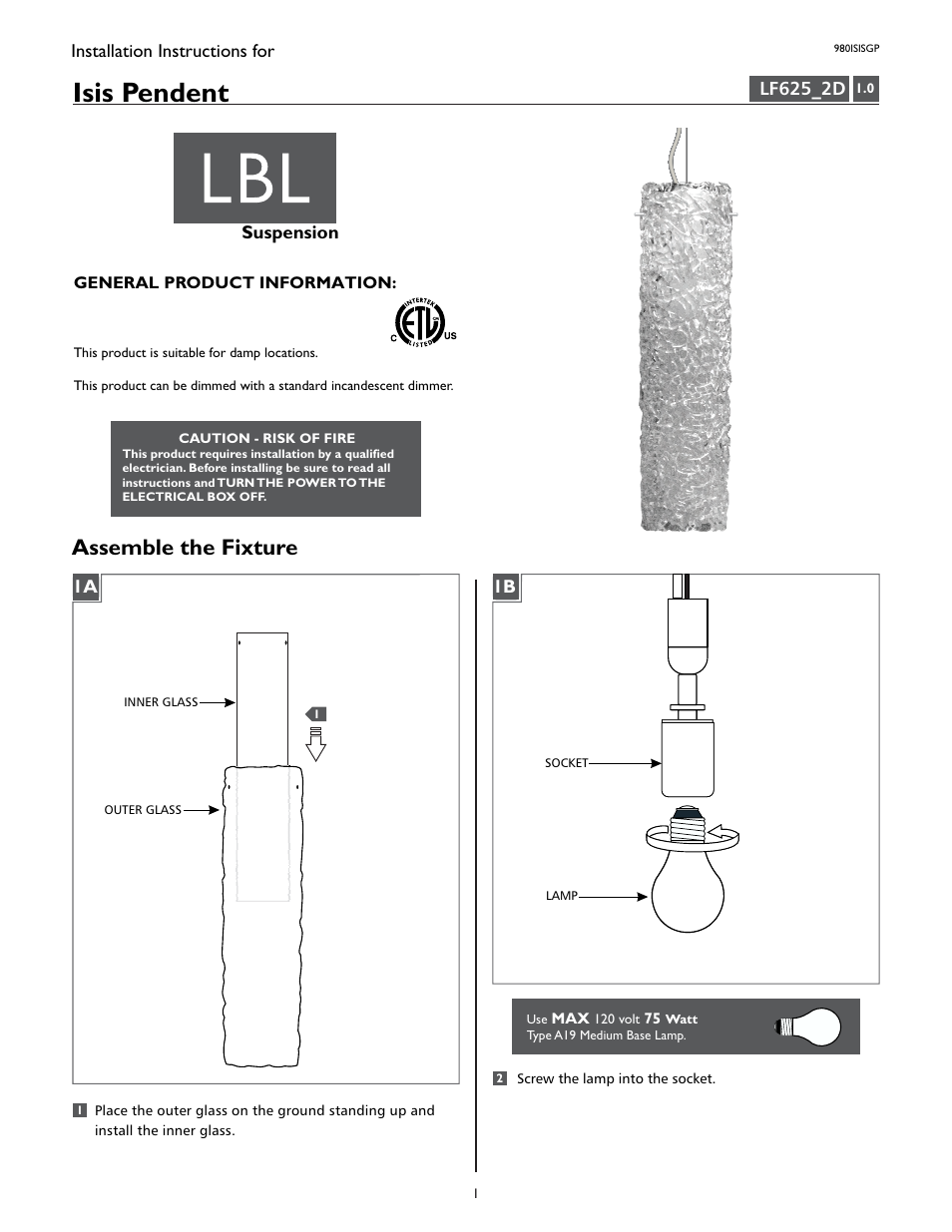 LBL Lighting Isis GP User Manual | 2 pages