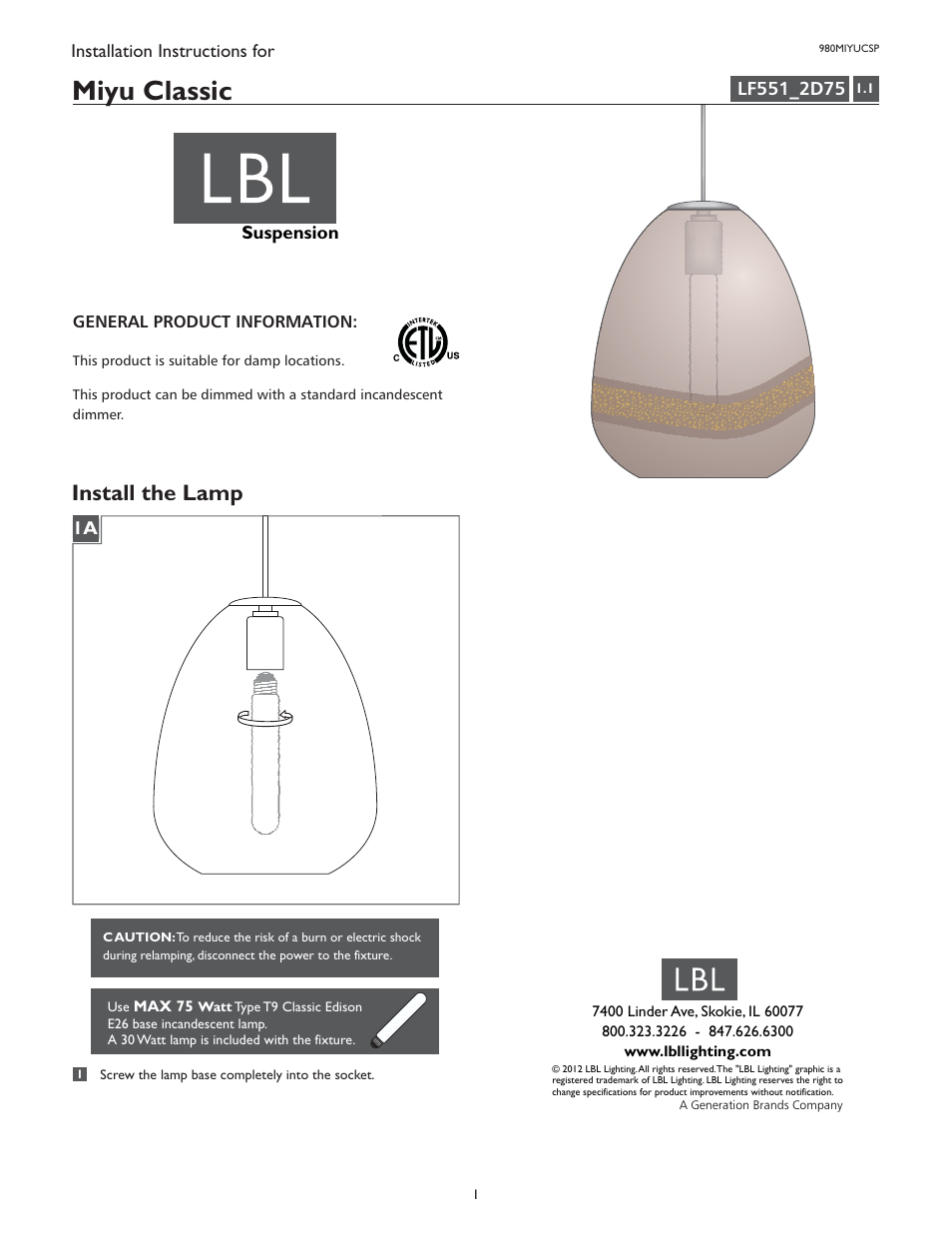 LBL Lighting Miyu Classic SP User Manual | 1 page