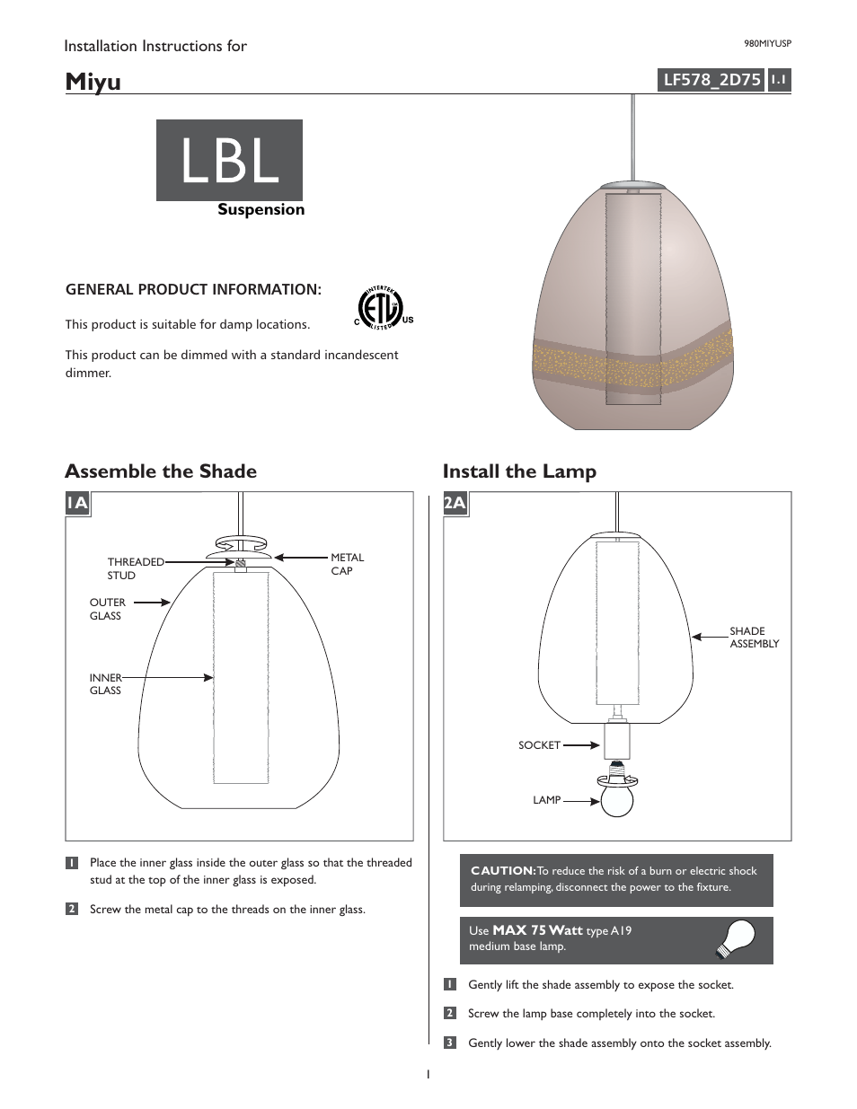 LBL Lighting Miyu SP User Manual | 2 pages