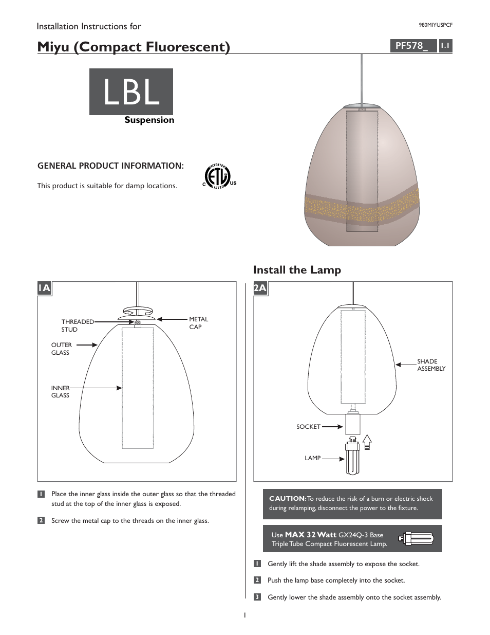 LBL Lighting Miyu SPCF User Manual | 2 pages