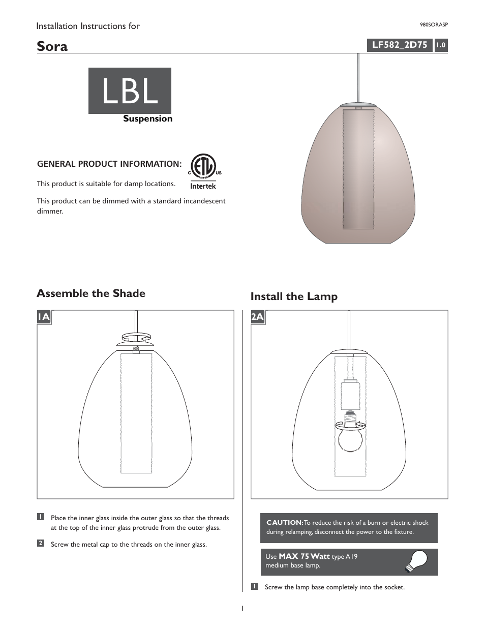 LBL Lighting Sora SP User Manual | 2 pages