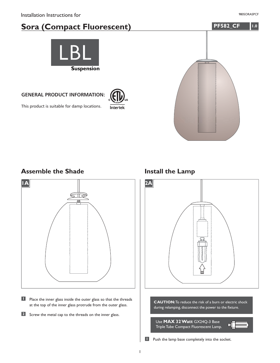 LBL Lighting Sora SPCF User Manual | 2 pages