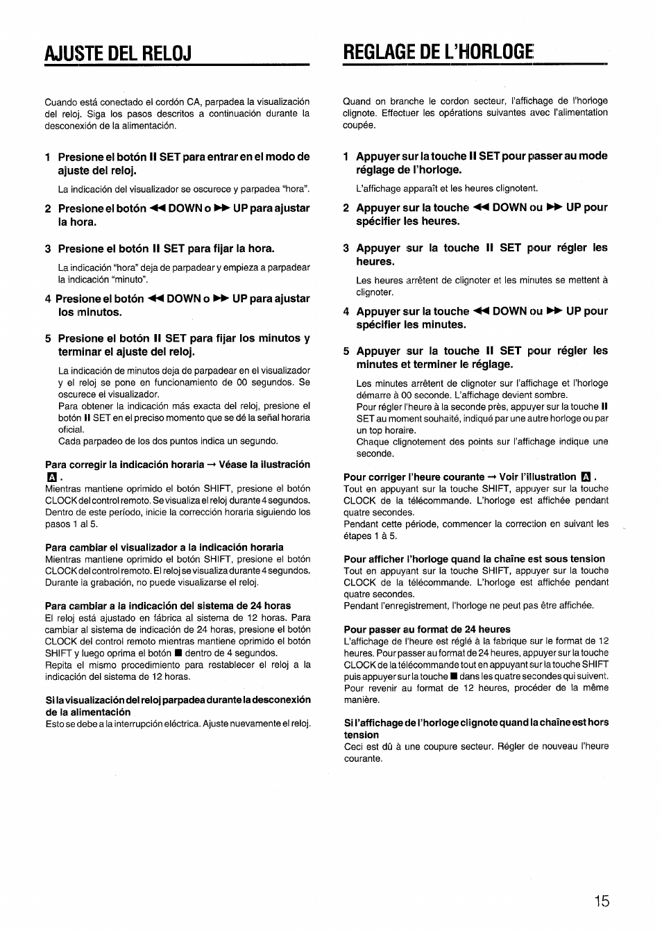 Reglage de l’horloge, Pour passer au format de 24 heures, Ajuste del reloj reglage de l’horloge | Aiwa SX-NV20 User Manual | Page 15 / 62