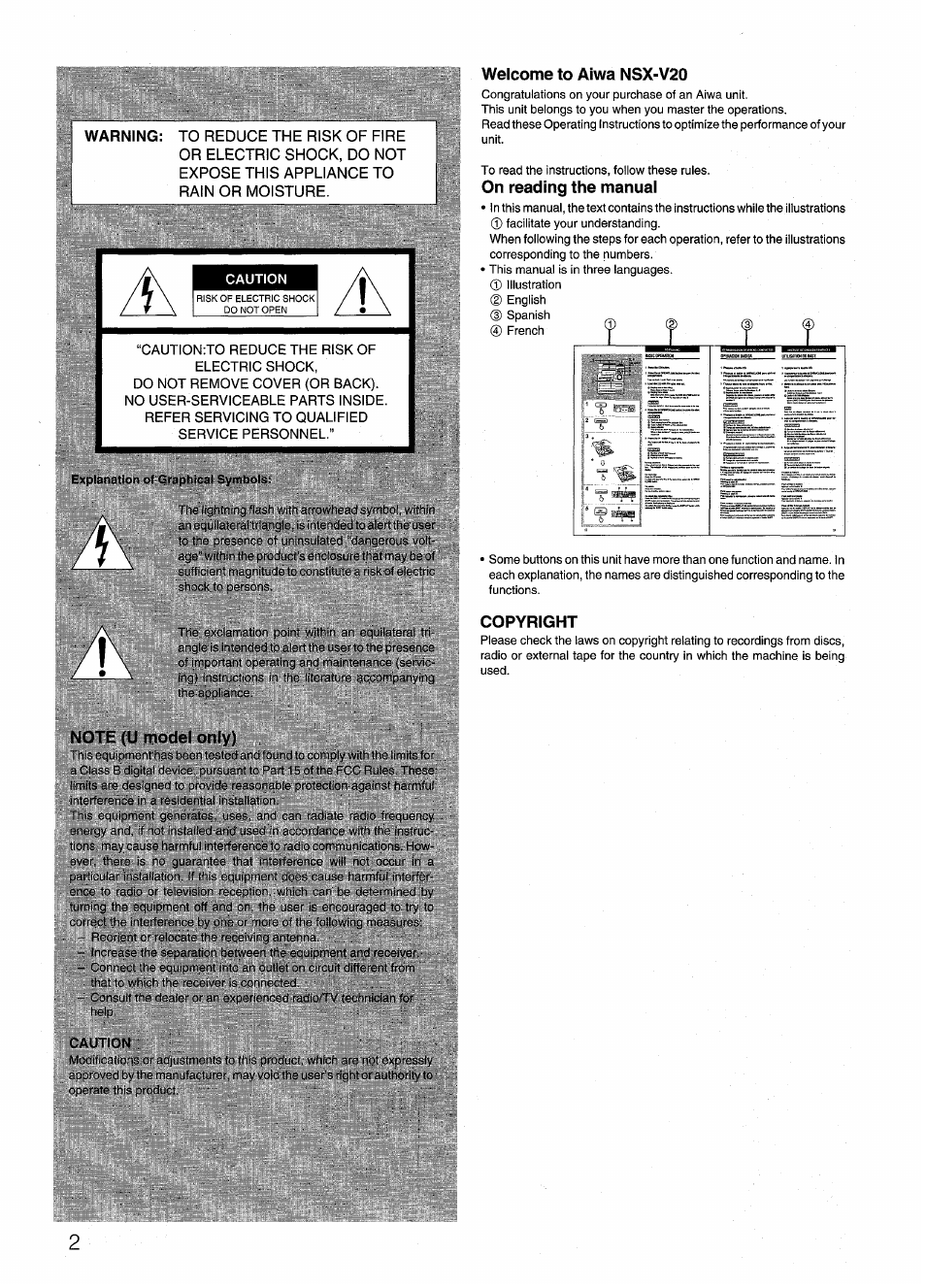 Welcome to aiwa nsx-v20, On reading the manual, Copyright | Aiwa SX-NV20 User Manual | Page 2 / 62