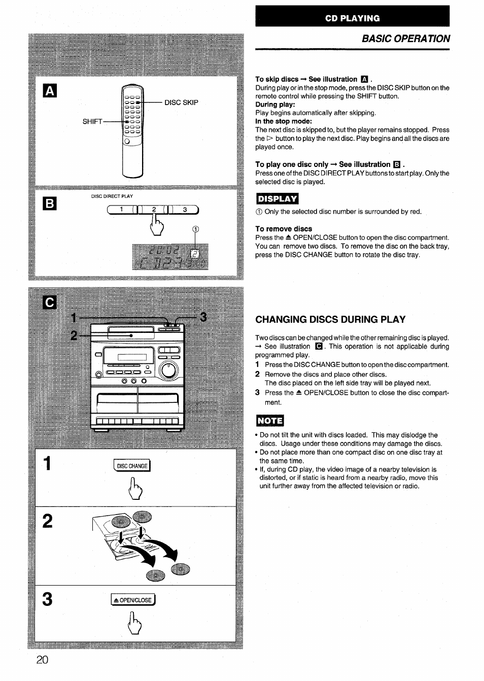 To skip discs -* see iiiustration, During piay, In the stop mode | To play one disc only -* see illustration [0, Display, To remove discs, Changing discs during play, Note, J_r 2 i 3 ), L 1u23 “/-.r | Aiwa SX-NV20 User Manual | Page 20 / 62