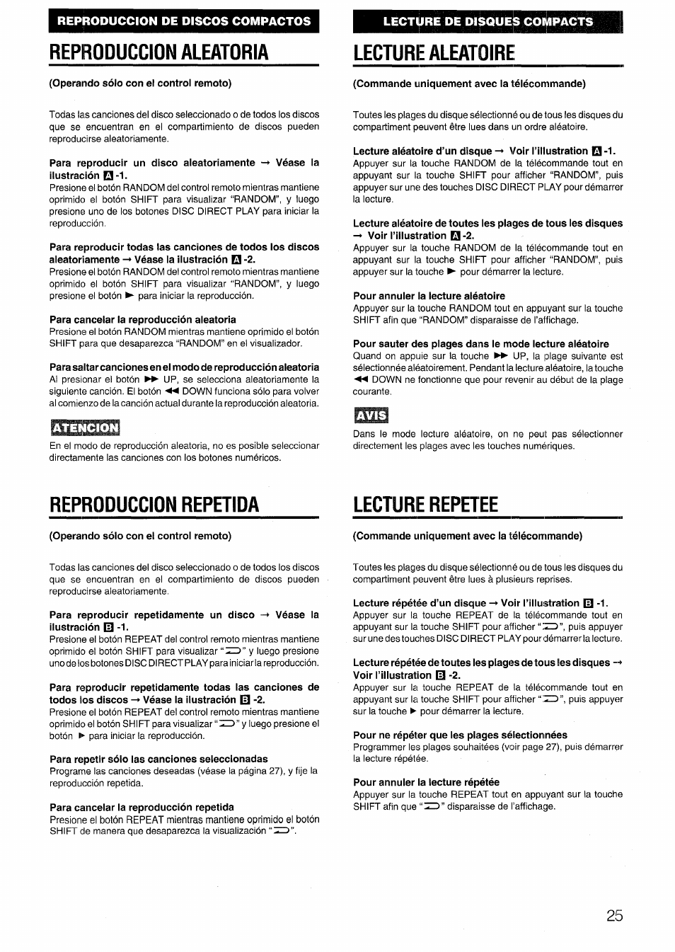 Reproduccion aleatoria, Atencion, Avis | Reproduccion repetida, Lecture repetee, Reproduccion aleatoria reproduccion repetida, Lecture aleatoire, Reproduccion repetida lecture repetee | Aiwa SX-NV20 User Manual | Page 25 / 62