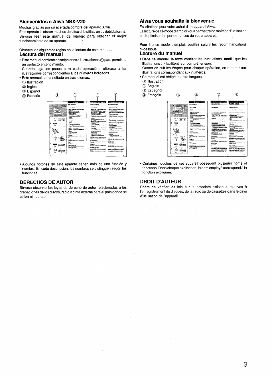 Bienvenidos a aiwa nsx-v20, Lectura dei manuai, Aiwa vous souhaite ia bienvenue | Lecture du manuei, Derechos de autor, Droit d’auteur | Aiwa SX-NV20 User Manual | Page 3 / 62