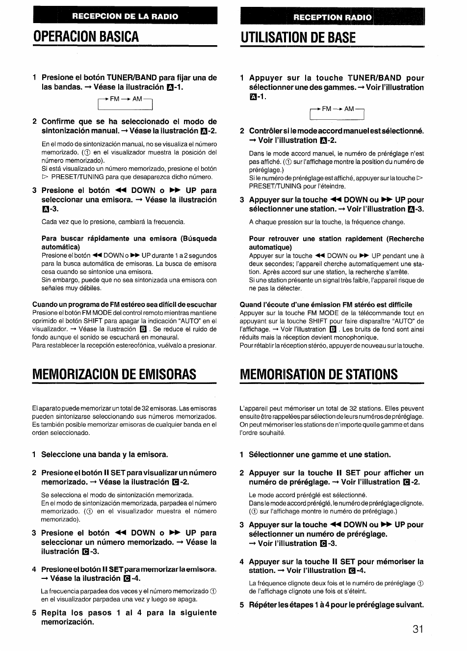 Operacion basica, Utilisation de base, Meiviorizacion de emisoras | Memorisation de stations, Operacion basica memorizacion de emisoras, Utilisation de base memorisation de stations, Operacion basica utilisation de base | Aiwa SX-NV20 User Manual | Page 31 / 62