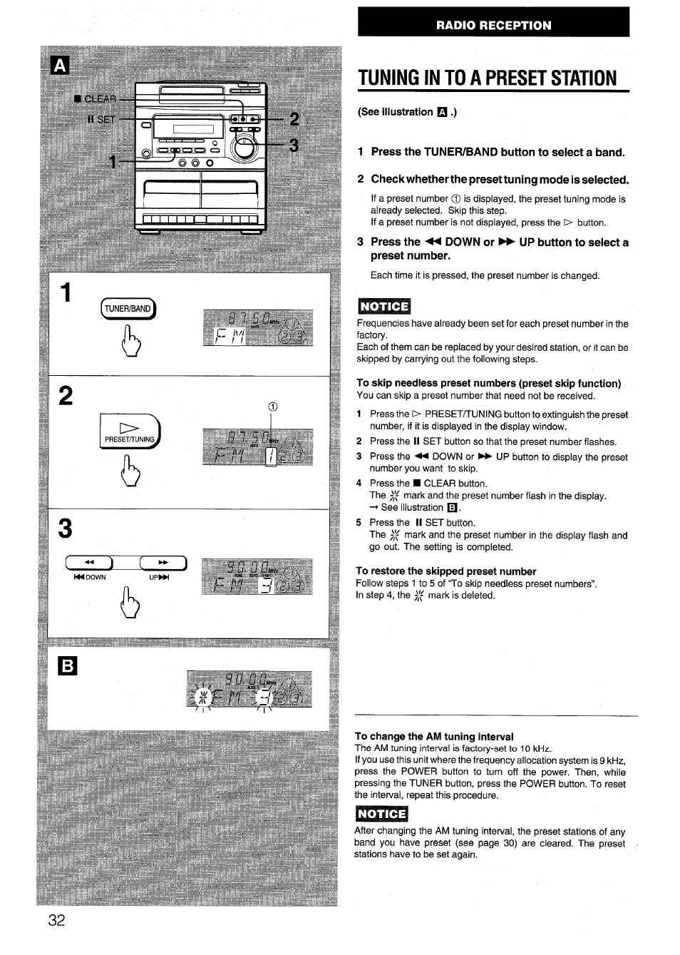 Tuning m to a preset station, See illustration □.), 1 press the tuner/band button to select a band | 2 check whether the preset tuning mode is selected, Notice, To restore the skipped preset number, To change the am tuning interval, Tuning in to a preset station, Tuning, Rtrn-r^::dr-r-r-m | Aiwa SX-NV20 User Manual | Page 32 / 62