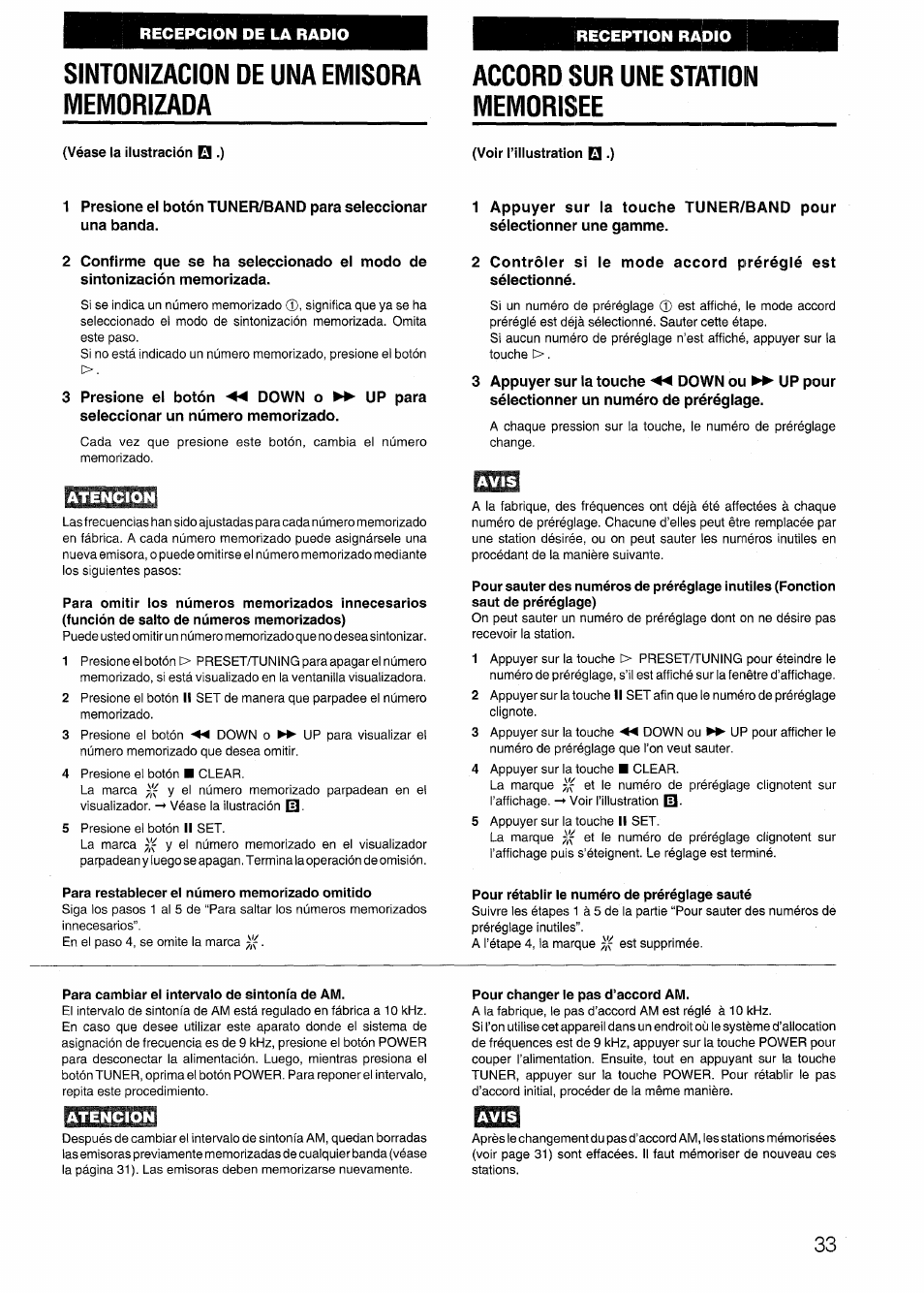 Sintonizacion de una emisora memorizada, Véase la ilustración q ■), Atencion | Avis, Para restablecer el número memorizado omitido, Pour rétablir ie numéro de préréglage sauté, Para cambiar el intervalo de sintonía de am, Pour changer le pas d’accord am | Aiwa SX-NV20 User Manual | Page 33 / 62