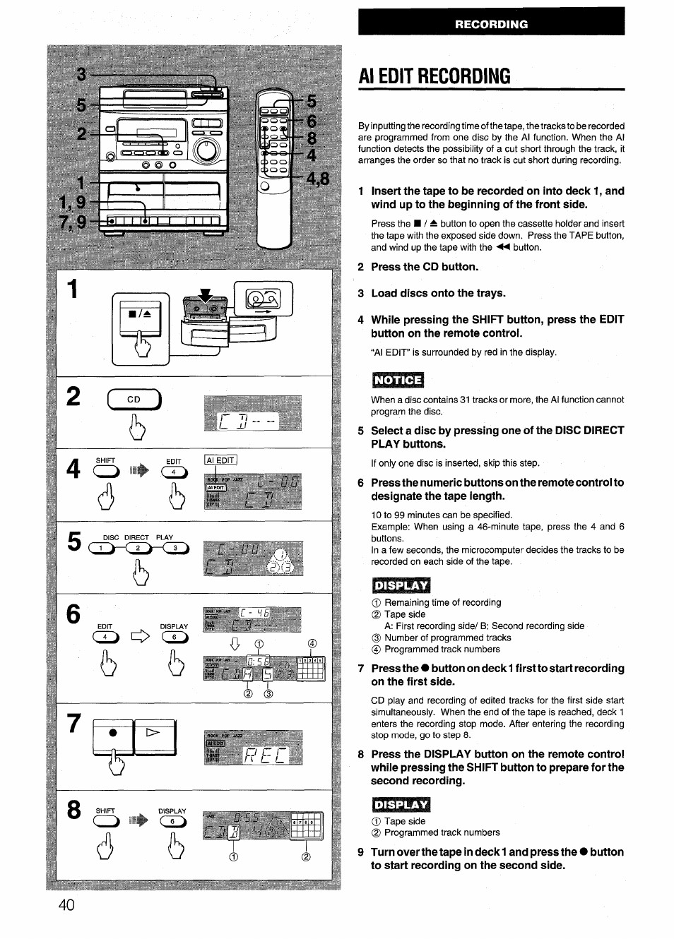 Al edit recording, Notice, Display | S fffr | Aiwa SX-NV20 User Manual | Page 40 / 62