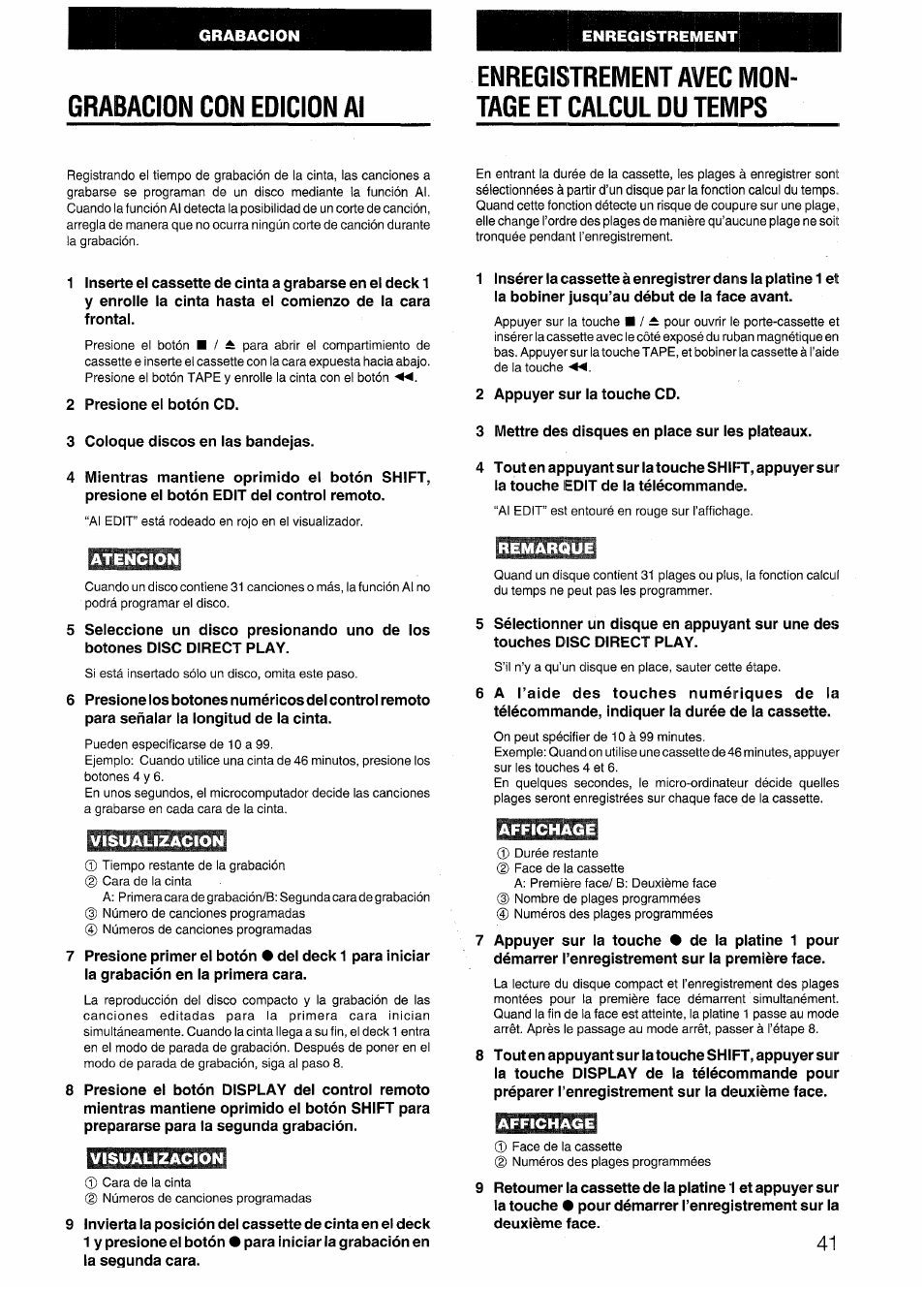 Grabacion con edicion al, Enregistrement avec montage et calcul du temps, Atencion | Visualizacion, Remarque, Affichage | Aiwa SX-NV20 User Manual | Page 41 / 62