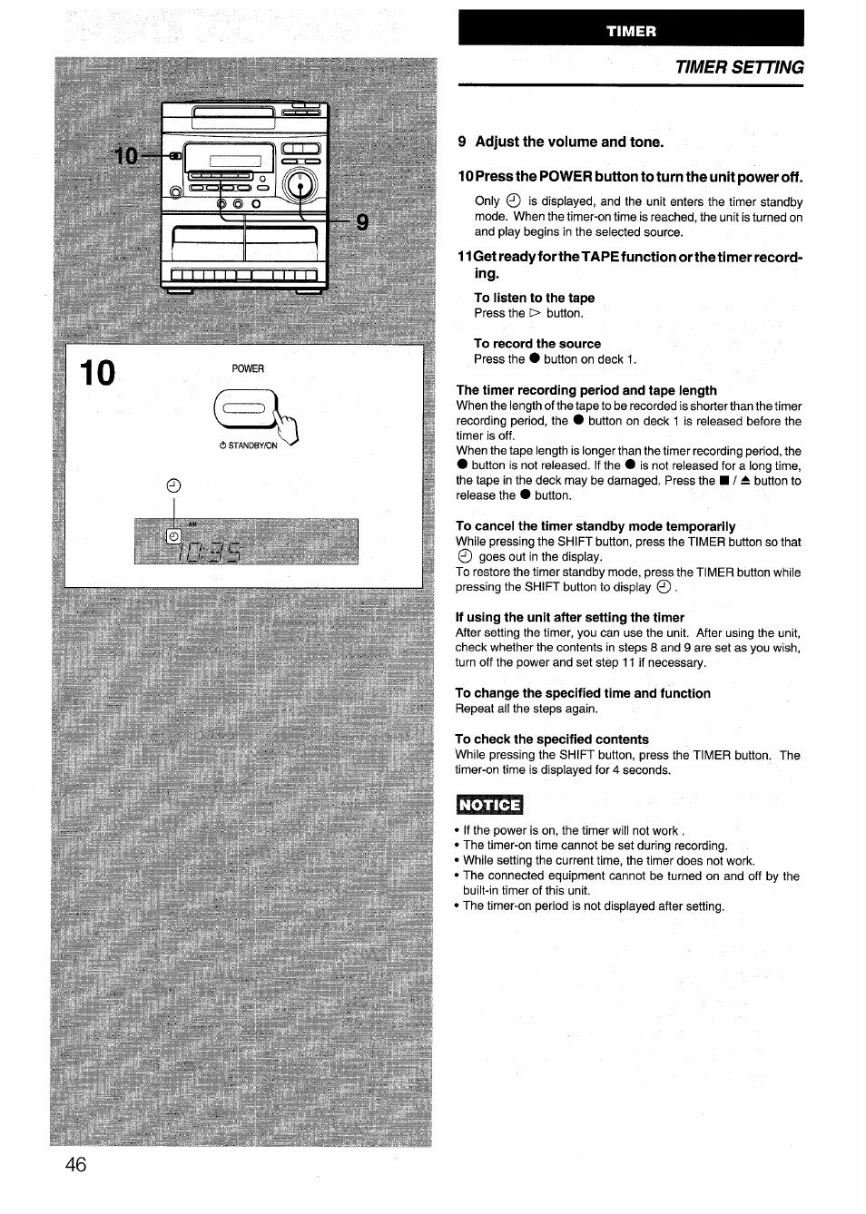 9 adjust the volume and tone, To record the source, The timer recording period and tape length | To cancel the timer standby mode temporarily, If using the unit after setting the timer, To change the specified time and function, To check the specified contents, Notice | Aiwa SX-NV20 User Manual | Page 44 / 62