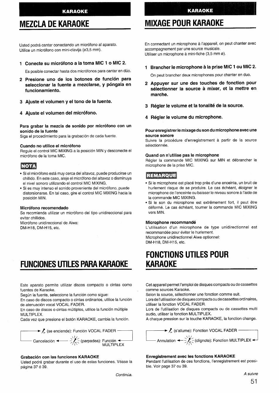 Mezcla de karaoke, Mixage pour karaoke, 1 conecte su micrófono a la toma mic 1 o mic 2 | 3 ajuste el volumen y el tono de la fuente, 4 ajuste el volumen del micrófono, Cuando no utilice el micrófono, Nota, Micrófono recomendado, Funciones utiles para karaoke, 1 brancher le microphone à la prise mic 1 ou mic 2 | Aiwa SX-NV20 User Manual | Page 49 / 62