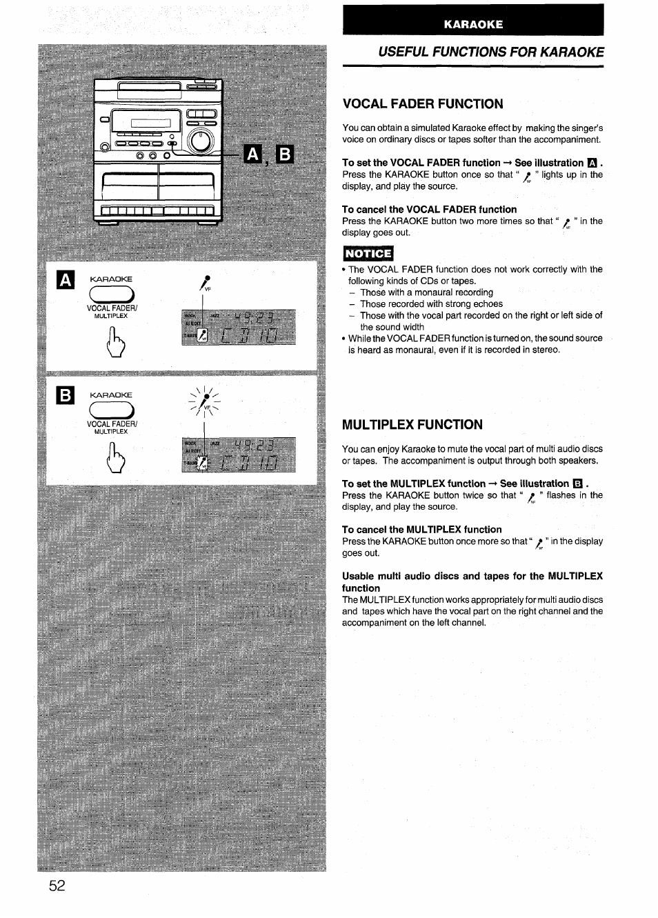 Vocal fader function, To cancel the vocal fader function, Notice | Multiplex function, To cancel the multiplex function | Aiwa SX-NV20 User Manual | Page 50 / 62