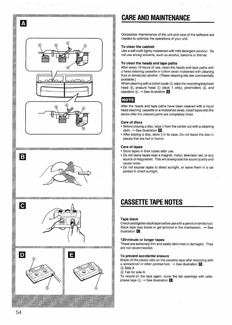 Care and maintenance, To clean the cabinet, To clean the heads and tape paths | Note, Care of discs, Care of tapes, Cassette tape notes, Tape slack, Minute or longer tapes, To prevent accidental erasure | Aiwa SX-NV20 User Manual | Page 52 / 62