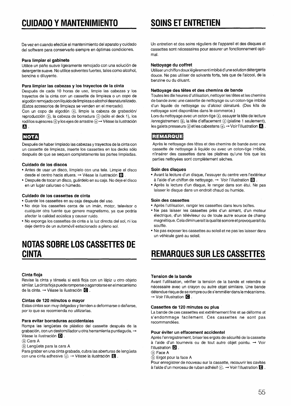 Cuidado y mantenimiento, Para limpiar el gabinete, Cuidado de los discos | Cuidado de los cassettes de cinta, Notas sobre los cassehes de cinta, Nettoyage du coffret, Nettoyage des têtes et des chemins de bande, Remarque, Soin des disques, Soin des cassettes | Aiwa SX-NV20 User Manual | Page 53 / 62