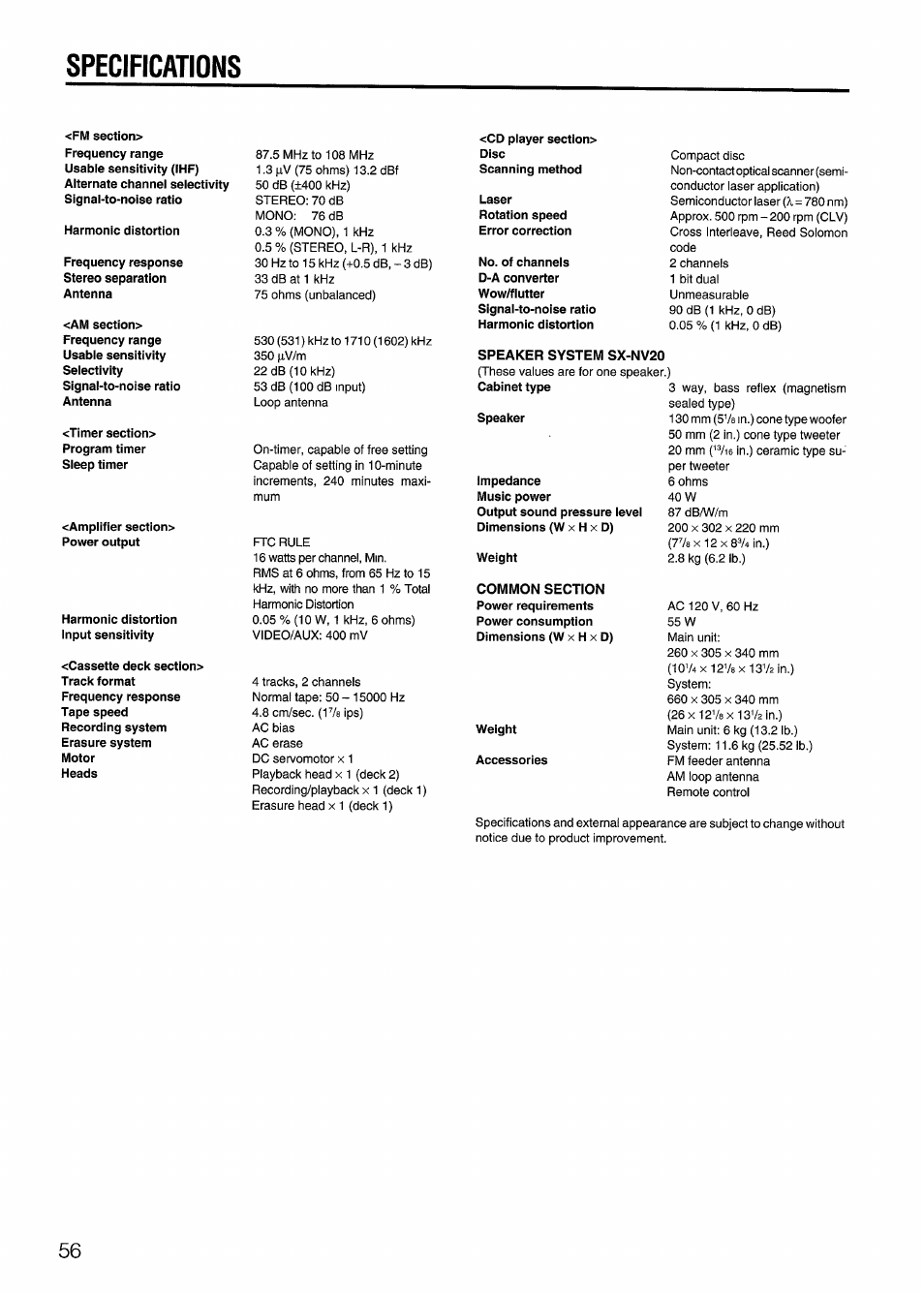 Common section, Specifications | Aiwa SX-NV20 User Manual | Page 54 / 62