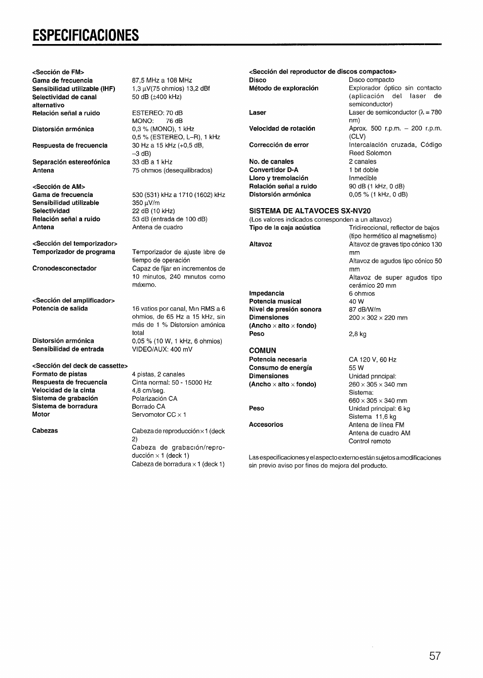 Especificaciones | Aiwa SX-NV20 User Manual | Page 55 / 62