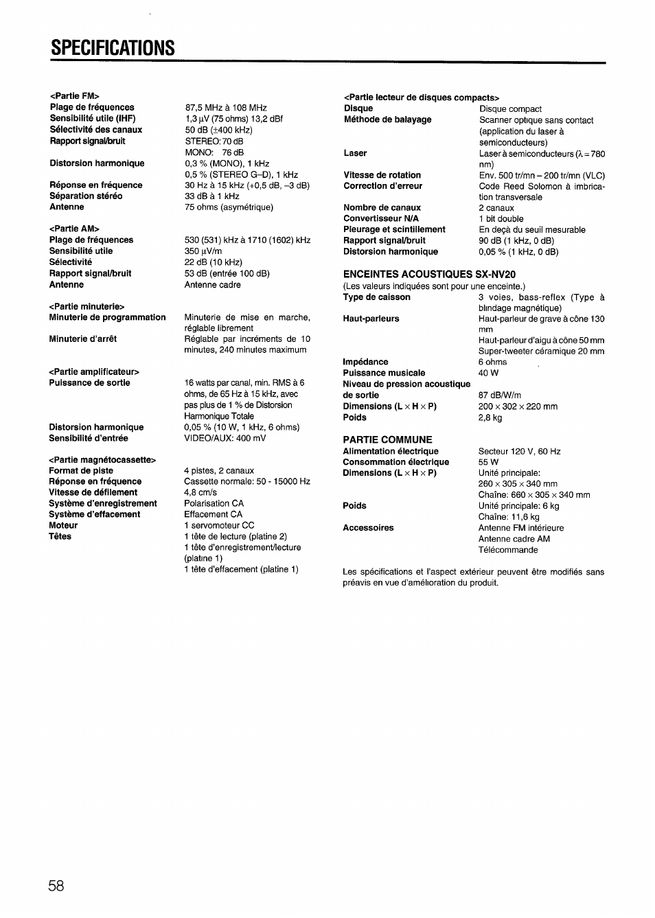 Specifications | Aiwa SX-NV20 User Manual | Page 56 / 62