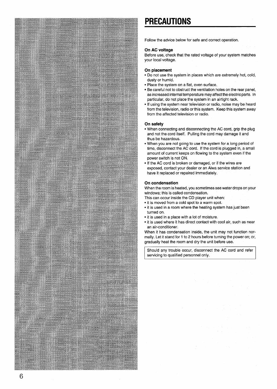 Precautions, On ac voltage, On placement | On safety, On condensation | Aiwa SX-NV20 User Manual | Page 6 / 62