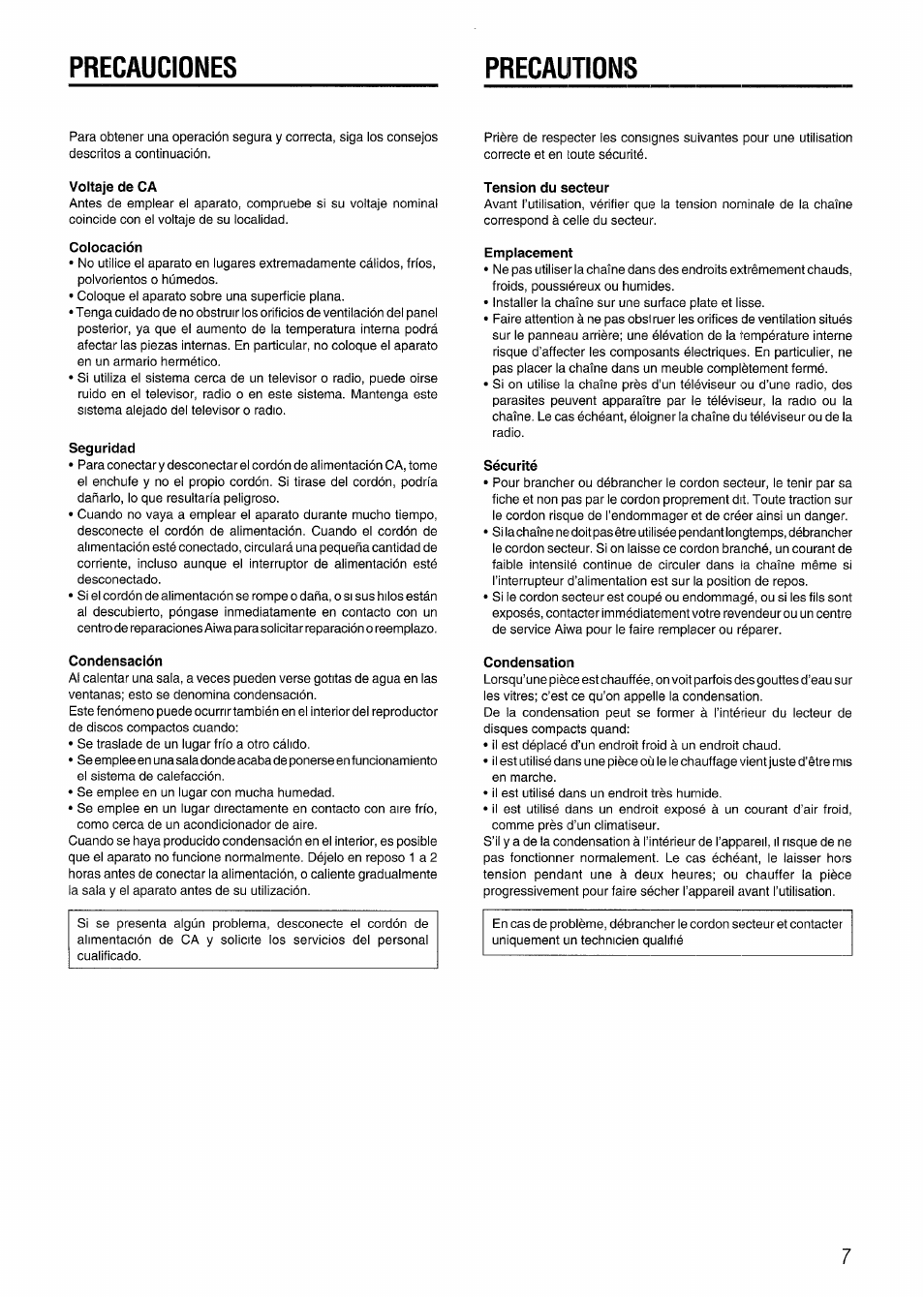 Precauciones, Precautions, Voltaje de ca | Colocación, Seguridad, Condensación, Tension du secteur, Emplacement, Sécurité, Condensation | Aiwa SX-NV20 User Manual | Page 7 / 62