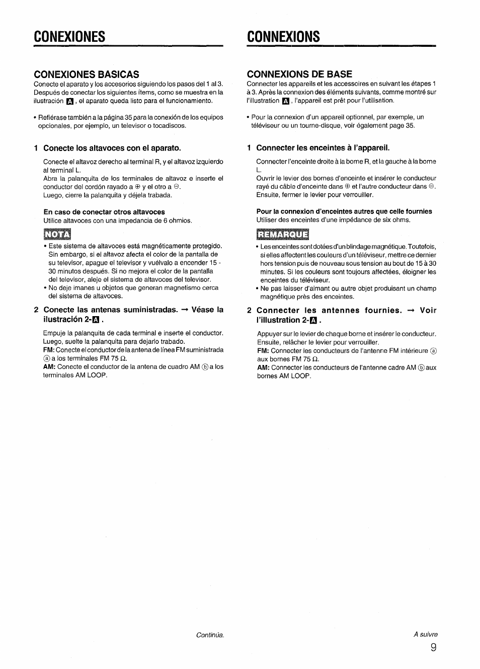 Conexiones basicas, Connexions de base, 1 conecte los altavoces con el aparato | En caso de conectar otros altavoces, Conecte las antenas suministradas, ilustración 2-q, 1 connecter les enceintes à i’appareil, Remarque, Conexiones connexions | Aiwa SX-NV20 User Manual | Page 9 / 62