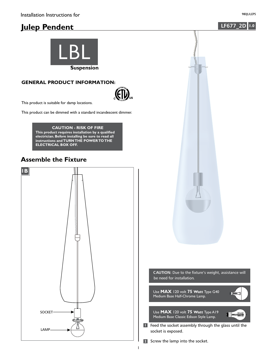 LBL Lighting Julep S User Manual | 2 pages