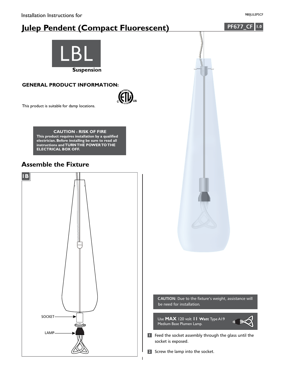LBL Lighting Julep SCF User Manual | 2 pages
