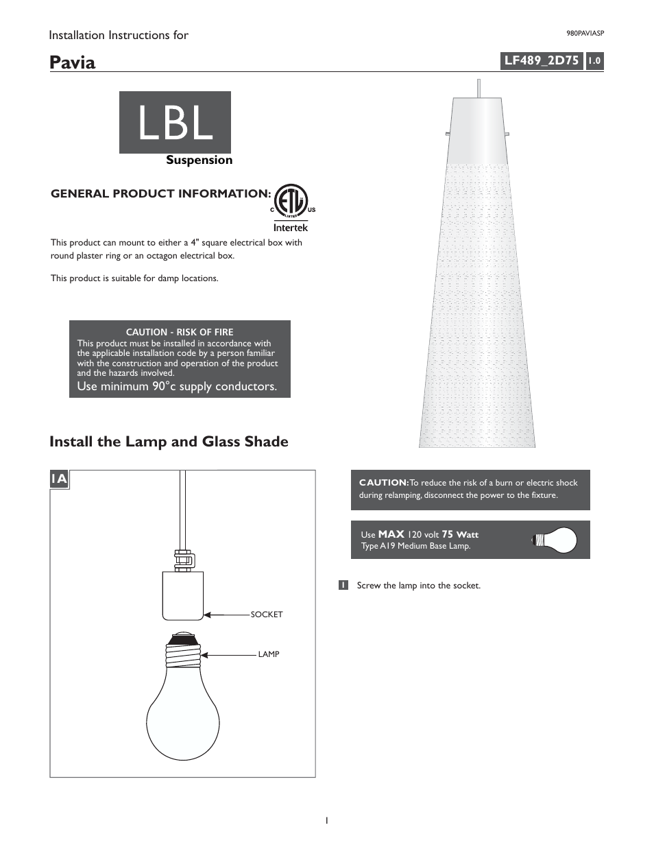 LBL Lighting Pavia User Manual | 2 pages