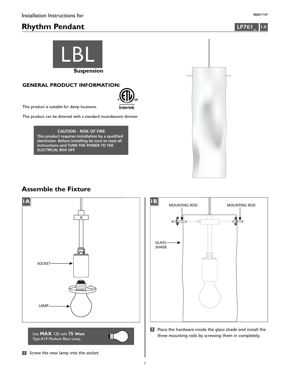 LBL Lighting Rhythm P User Manual | 2 pages