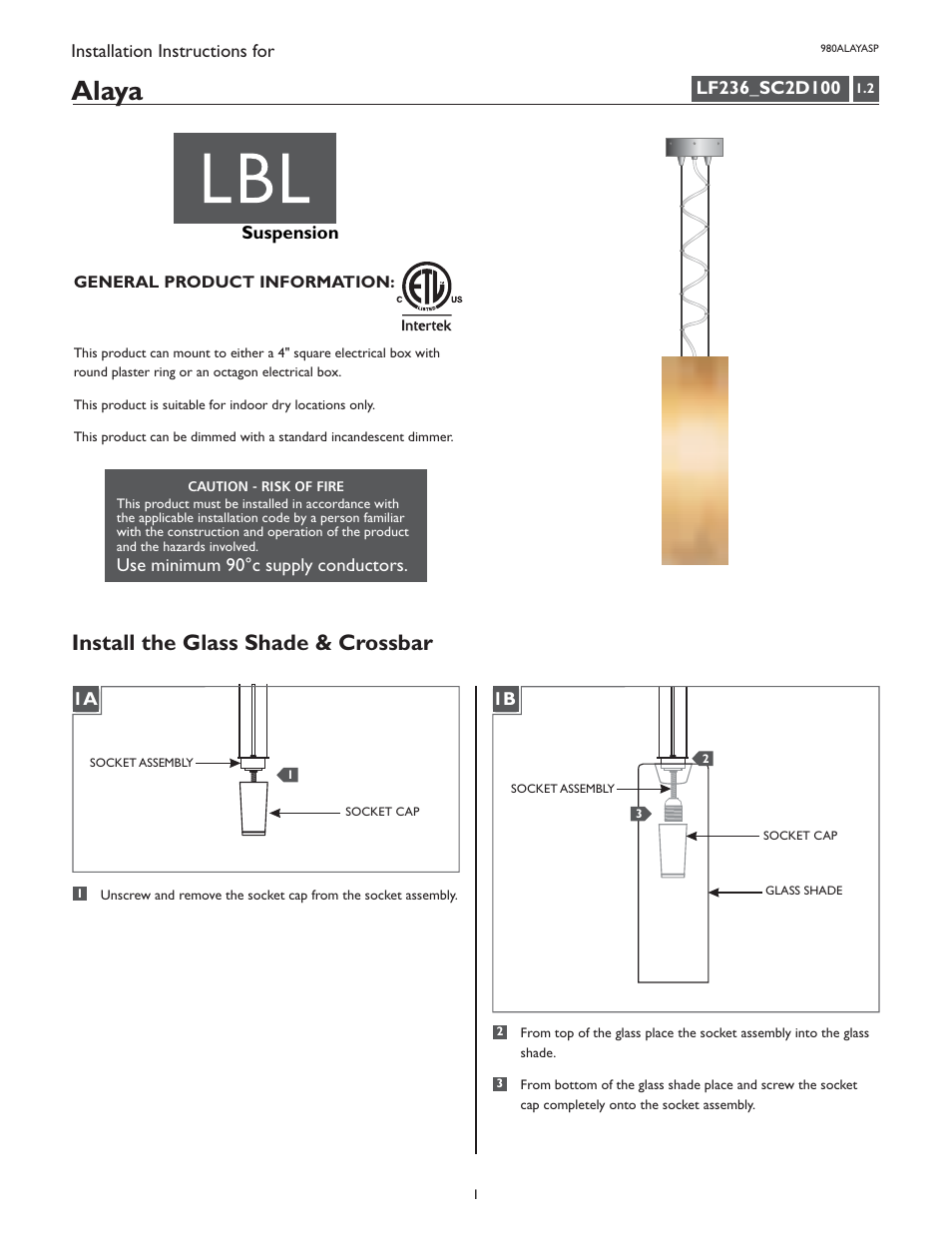 LBL Lighting Alaya SP User Manual | 4 pages