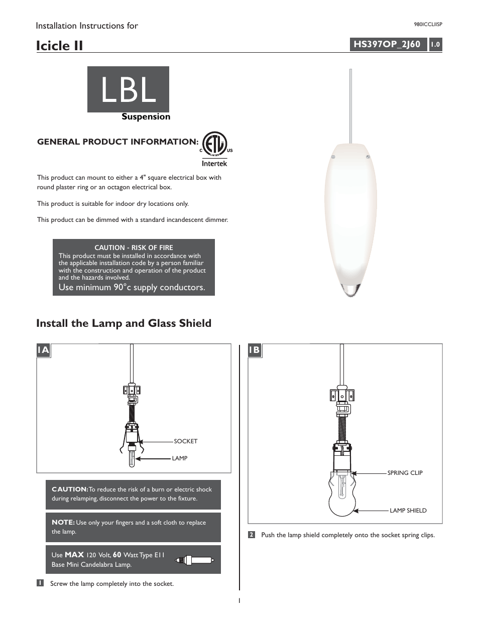 LBL Lighting Icicle II SP User Manual | 2 pages