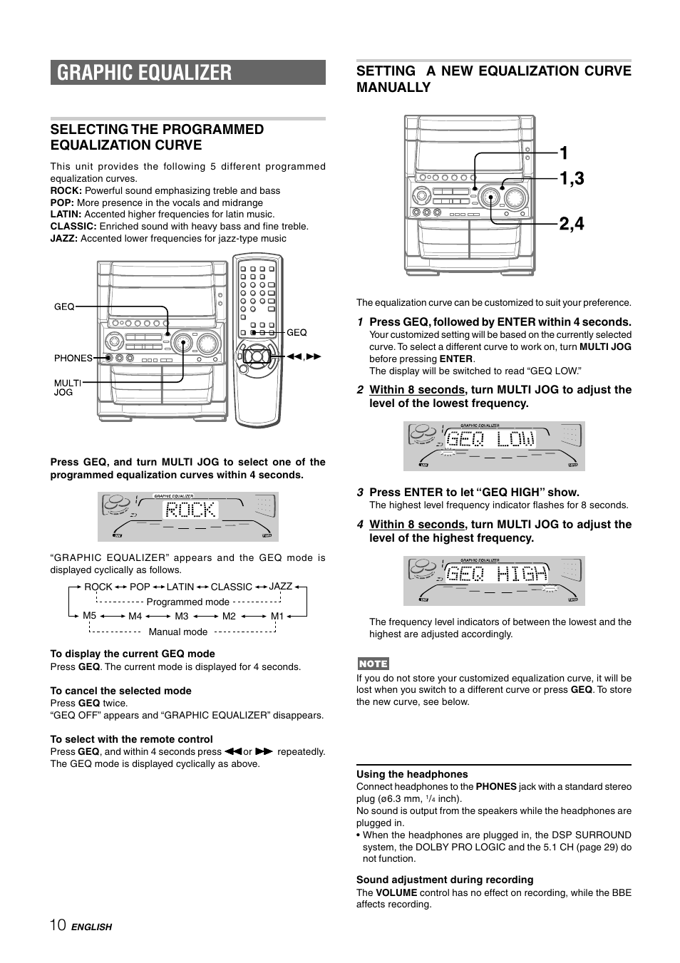 Graphic equalizer, Setting a new equalization curve manually, Selecting the programmed equalization curve | Aiwa CX-NHMT75 User Manual | Page 10 / 92