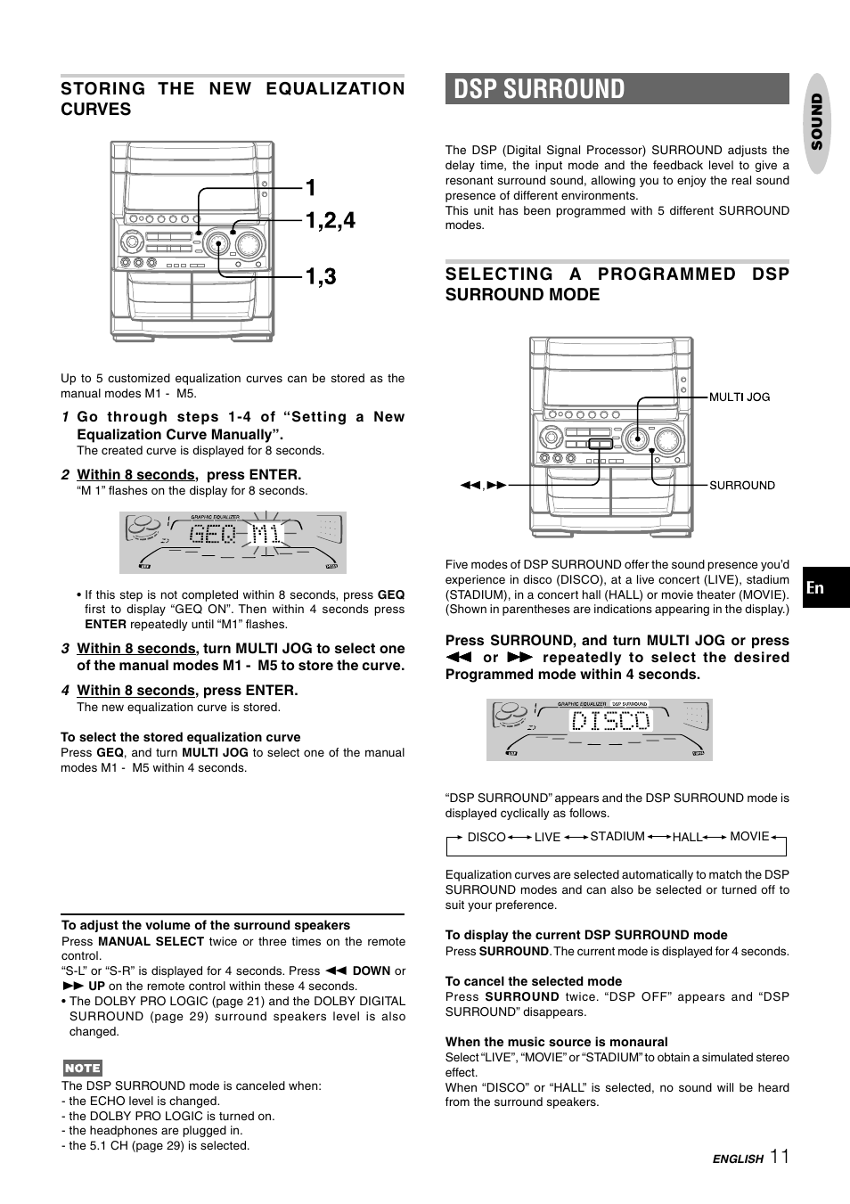 Dsp surround, Storing the new equalization curves, Selecting a programmed dsp surround mode | Aiwa CX-NHMT75 User Manual | Page 11 / 92