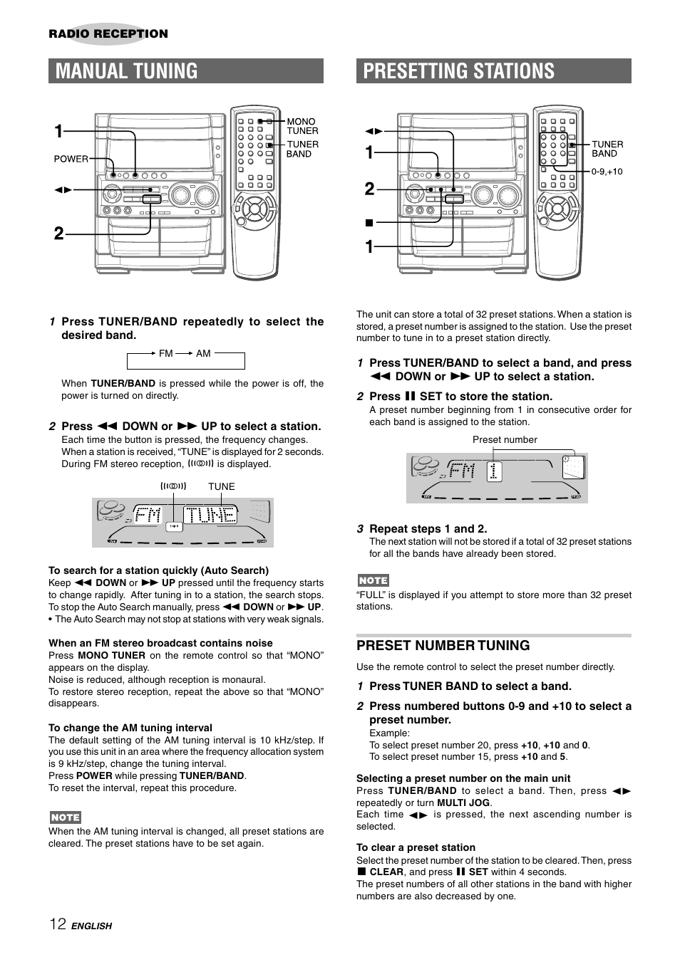 Presetting stations, Manual tuning, Preset number tuning | Aiwa CX-NHMT75 User Manual | Page 12 / 92