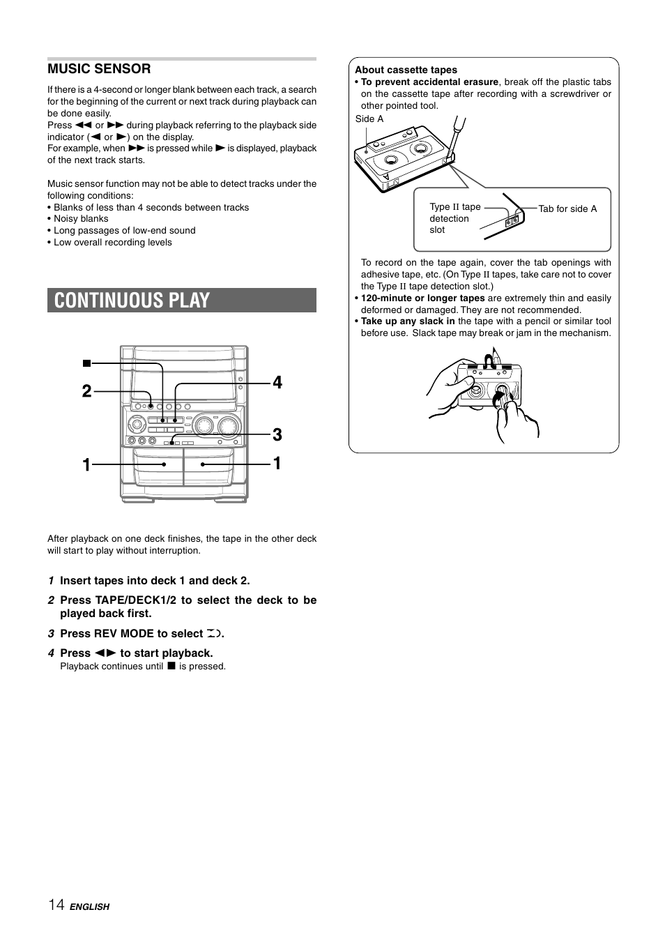 Continuous play, Music sensor | Aiwa CX-NHMT75 User Manual | Page 14 / 92