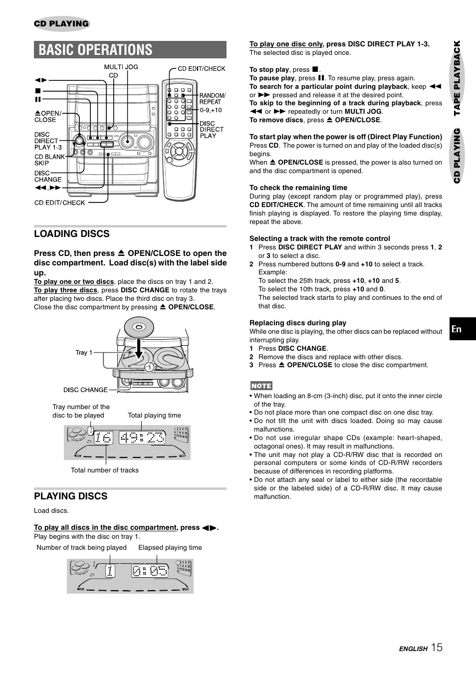 Basic operations, Loading discs, Playing discs | Aiwa CX-NHMT75 User Manual | Page 15 / 92