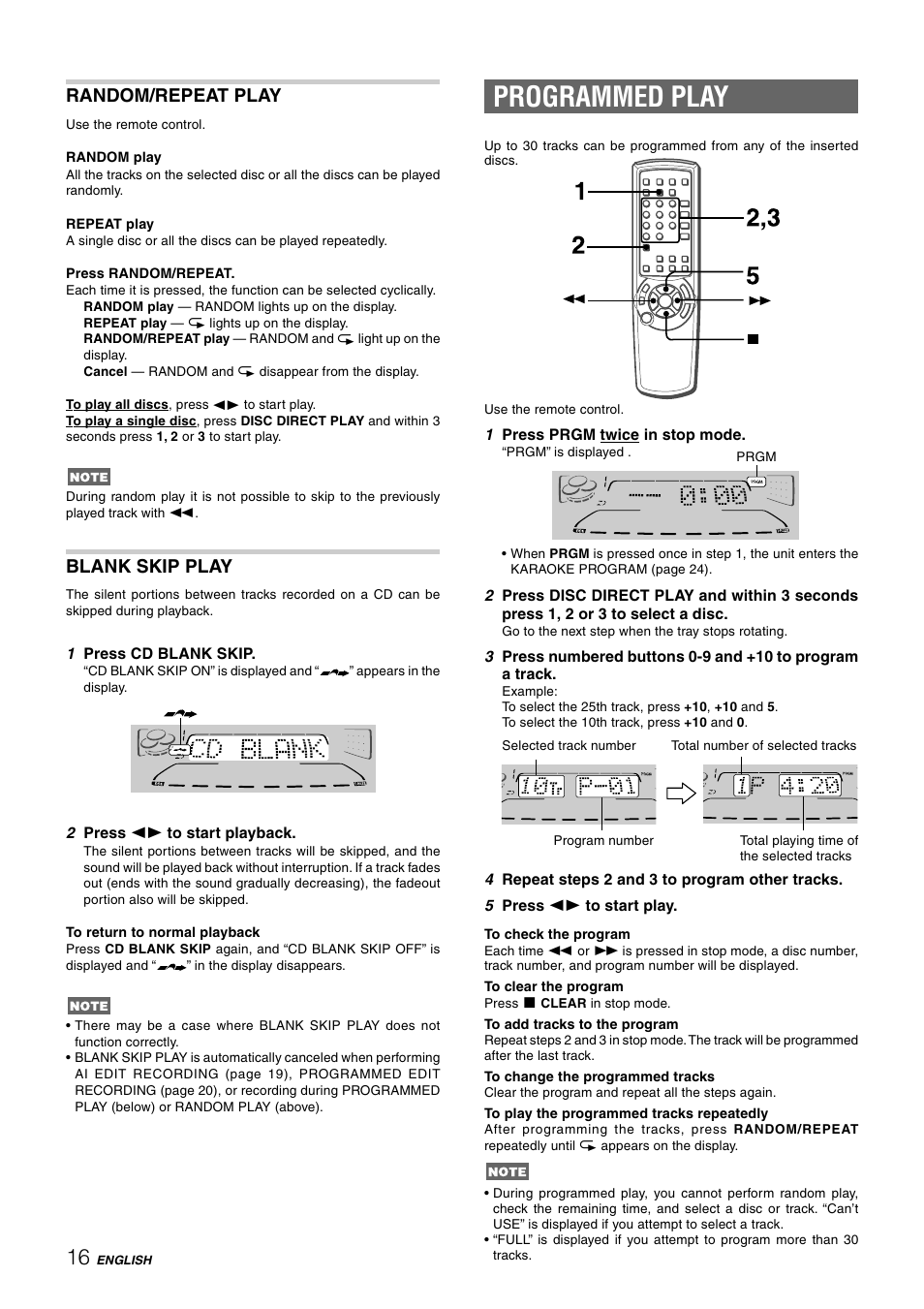 Programmed play, Random/repeat play, Blank skip play | Aiwa CX-NHMT75 User Manual | Page 16 / 92