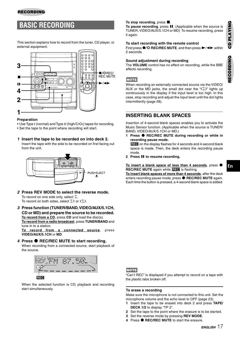 Basic recording, Inserting blank spaces | Aiwa CX-NHMT75 User Manual | Page 17 / 92