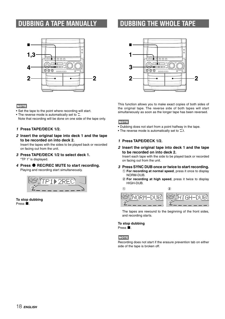 Dubbing a tape manually, Dubbing the whole tape | Aiwa CX-NHMT75 User Manual | Page 18 / 92