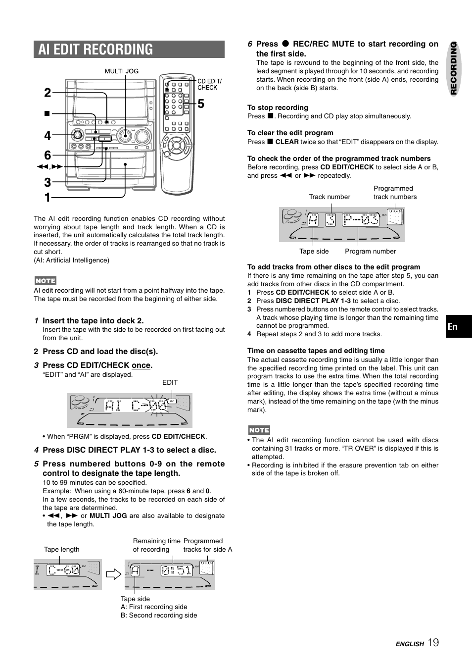 Ai edit recording | Aiwa CX-NHMT75 User Manual | Page 19 / 92