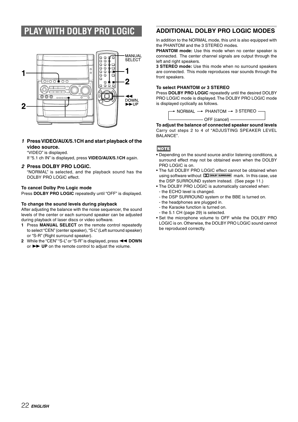 Play with dolby pro logic, Additional dolby pro logic modes | Aiwa CX-NHMT75 User Manual | Page 22 / 92